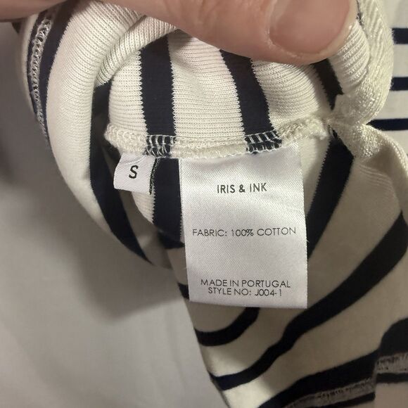 Iris & Ink White Navy Striped Round Neck 3/4 Sleeve Breton Top Blouse Size S - Picture 6 of 8